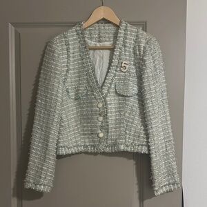 Silver Blazer with Fringe Trim and Textured Fabric